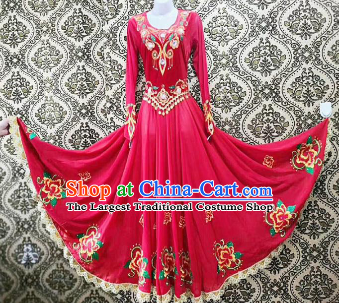 Chinese Ethnic Folk Dance Red Dress Traditional National Uyghur Nationality Costumes for Women