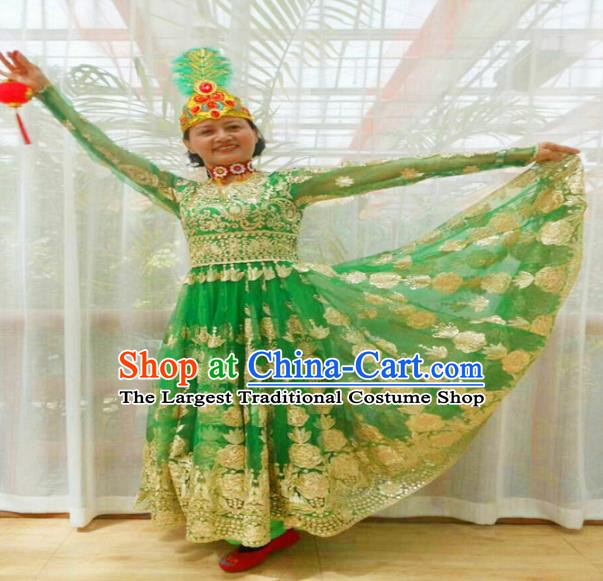 Chinese Ethnic Folk Dance Green Dress Traditional National Uyghur Nationality Costumes for Women