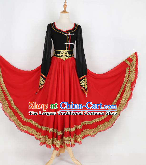 Chinese Mongolian Ethnic Minority Red Dress Traditional Nationality Folk Dance Costume for Women