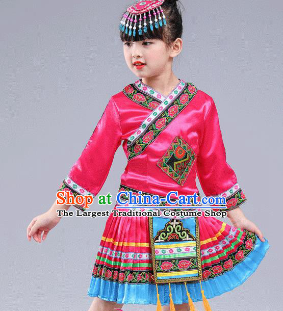 Chinese Traditional Miao Nationality Folk Dance Rosy Pleated Skirt Ethnic Dance Costumes for Kids