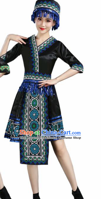 Chinese Hmong Ethnic Minority Black Dress Traditional Li Nationality Folk Dance Costumes for Women