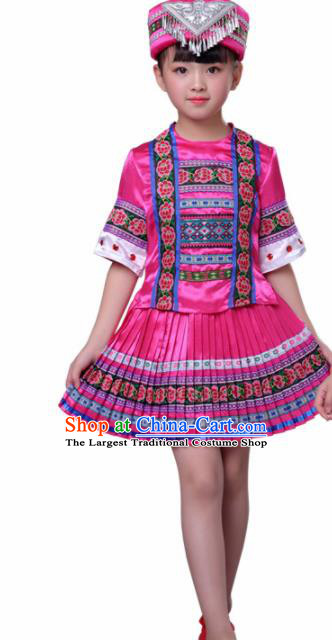 Chinese Traditional Yao Nationality Folk Dance Pink Dress Ethnic Dance Costumes for Kids