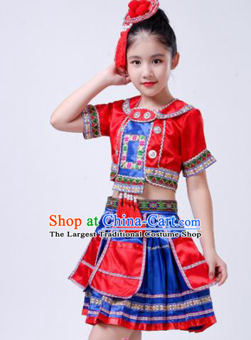 Chinese Traditional Yao Nationality Folk Dance Red Dress Ethnic Dance Costumes for Kids