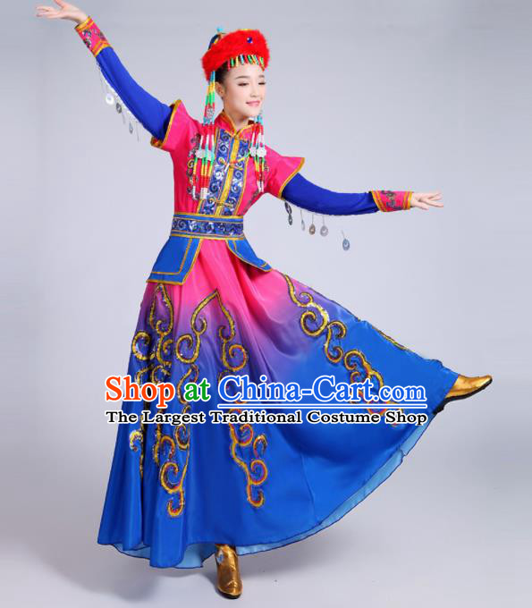 Chinese Traditional Mongolian Minority Folk Dance Blue Dress Mongols Ethnic Dance Costumes for Women