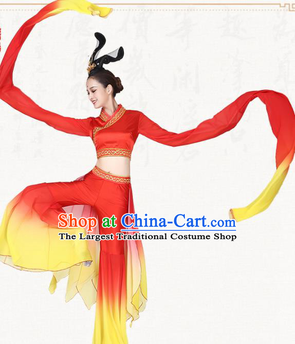 Chinese Traditional Classical Dance Red Water Sleeve Dress Umbrella Dance Group Dance Costumes for Women