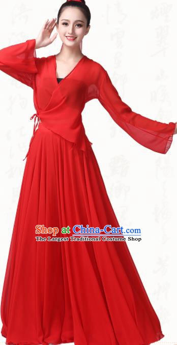 Chinese Traditional Classical Dance Red Chiffon Dress Fan Dance Group Dance Costumes for Women