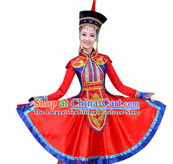 Chinese Mongolian Ethnic Minority Embroidered Red Dress Traditional Mongols Nationality Folk Dance Costumes for Women