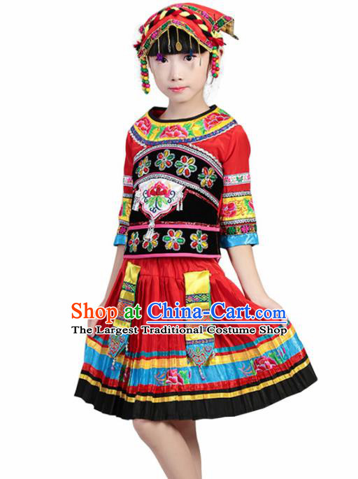 Chinese Traditional Minority Folk Dance Clothing Yi Ethnic Dance Red Dress for Kids