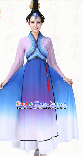 Chinese Traditional Classical Dance Fan Dance Blue Dress Group Dance Costumes for Women