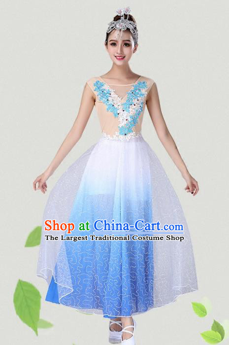 Chinese Traditional Classical Dance Blue Dress Group Dance Costumes for Women