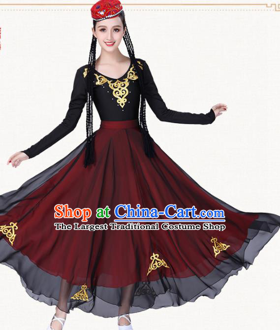 Chinese Traditional Uyghur Nationality Red Dress Uigurian Ethnic Folk Dance Costumes for Women