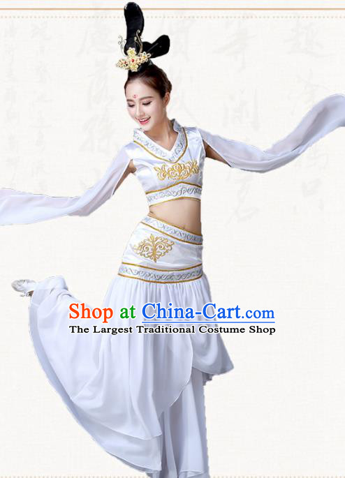 Chinese Traditional Classical Dance White Dress Ancient Peri Goddess Group Dance Costumes for Women