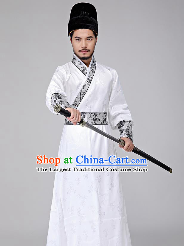 Traditional Chinese Three Kingdoms Period Swordsman White Costumes Ancient Drama Knight Clothing for Men