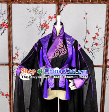 Traditional Chinese Cosplay Childe Embroidered Purple Costumes Ancient Swordsman Hanfu Clothing for Men