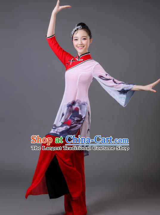 Traditional Chinese Classical Dance Red Costumes Umbrella Dance Yangko Clothing for Women