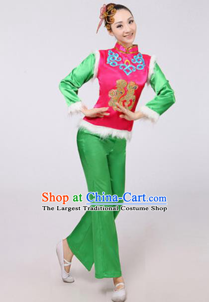 Traditional Chinese Folk Dance Yangko Green Costumes Fan Dance Clothing for Women