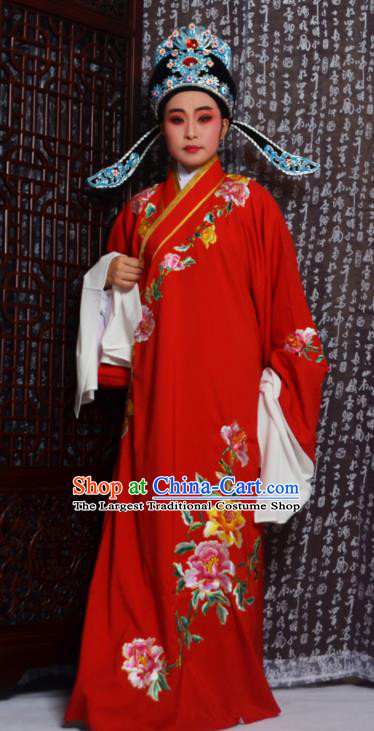 Professional Chinese Peking Opera Niche Costumes Embroidered Peony Red Robe for Adults