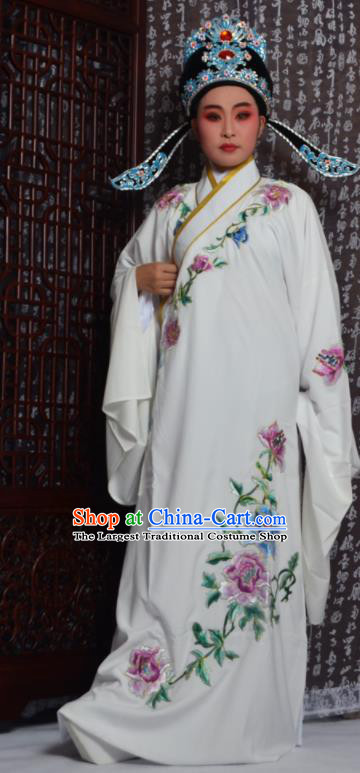 Professional Chinese Peking Opera Niche Costumes Embroidered Peony White Robe for Adults