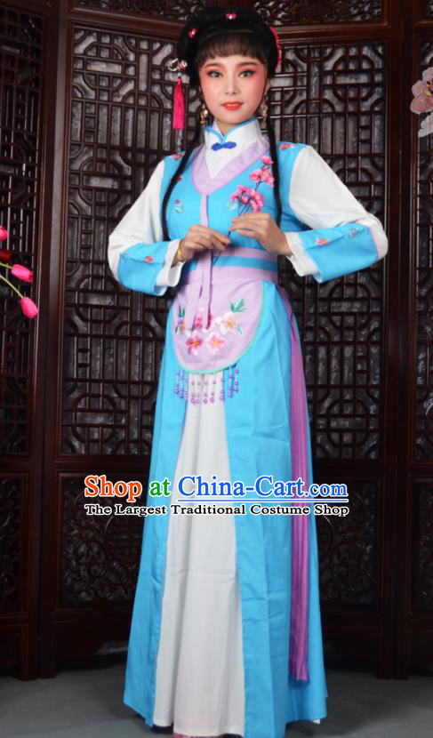 Chinese Ancient Maidservants Embroidered Blue Dress Traditional Peking Opera Actress Costumes for Adults