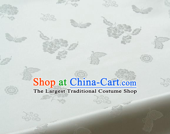 Traditional Asian Classical Peony Butterfly Pattern White Brocade Cloth Drapery Korean Hanbok Palace Satin Silk Fabric