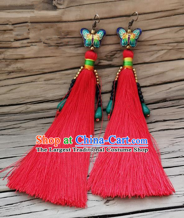 Chinese Traditional Embroidered Butterfly Earrings Yunnan National Red Tassel Eardrop for Women