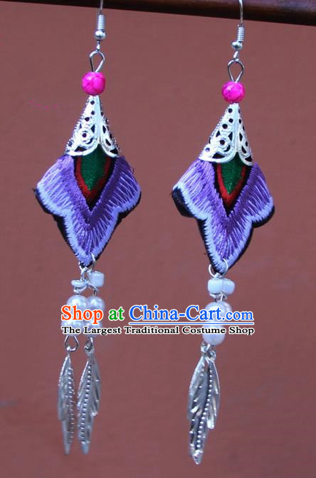 Chinese Traditional Embroidered Purple Earrings Yunnan National Tassel Eardrop for Women