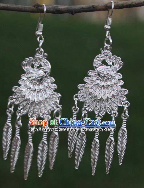 Chinese Traditional Peacock Tassel Earrings Yunnan National Minority Eardrop for Women