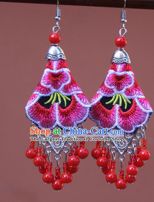 Chinese Traditional Embroidered Pink Peony Earrings Yunnan National Tassel Eardrop for Women