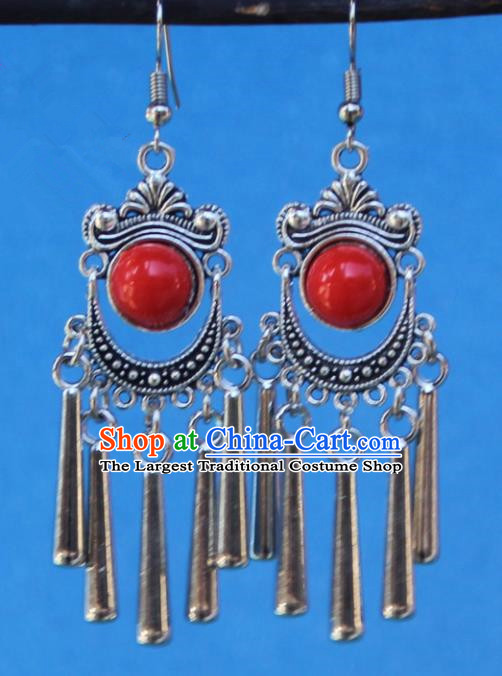 Chinese Traditional Sliver Red Earrings Yunnan National Minority Tassel Eardrop for Women