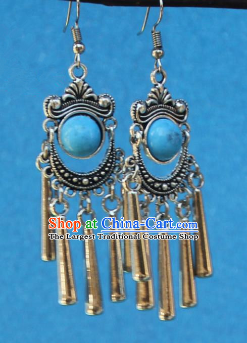 Chinese Traditional Sliver Blue Earrings Yunnan National Minority Tassel Eardrop for Women