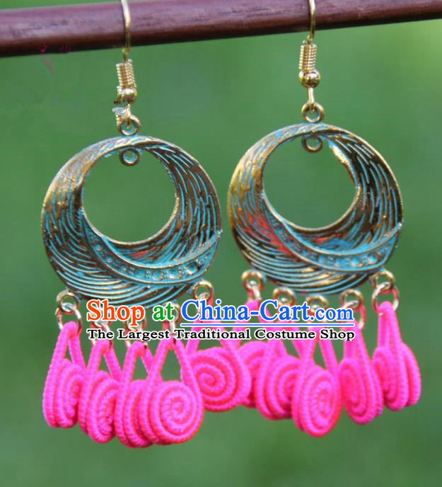 Chinese Traditional Brass Earrings Yunnan National Minority Rosy Tassel Eardrop for Women