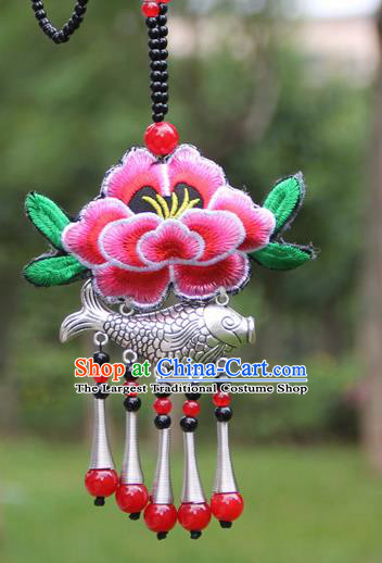 Chinese Traditional Accessories Yunnan Minority Embroidered Pink Peony Sliver Fish Necklace for Women