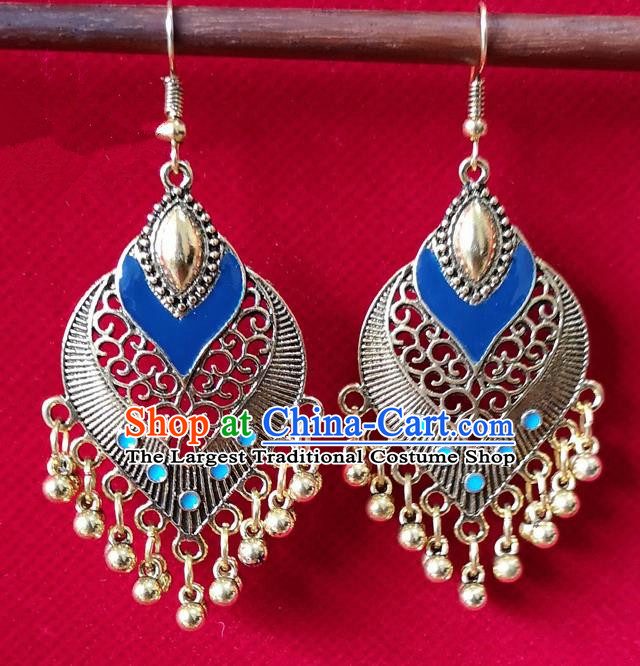 Chinese Traditional Bells Tassel Earrings Yunnan National Minority Inlay Ear Accessories for Women