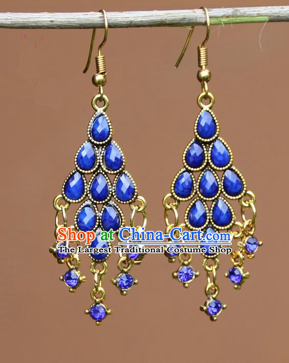 Chinese Traditional Royalblue Crystal Earrings Yunnan National Minority Ear Accessories for Women