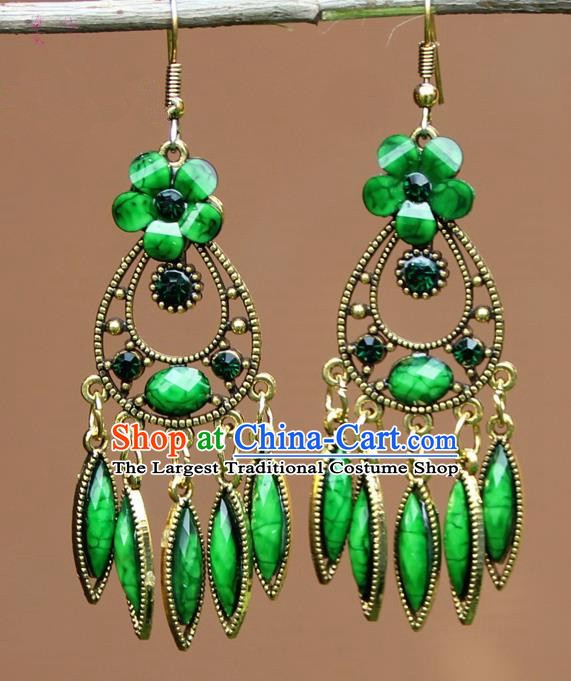 Chinese Traditional Green Flower Earrings Yunnan National Minority Ear Accessories for Women