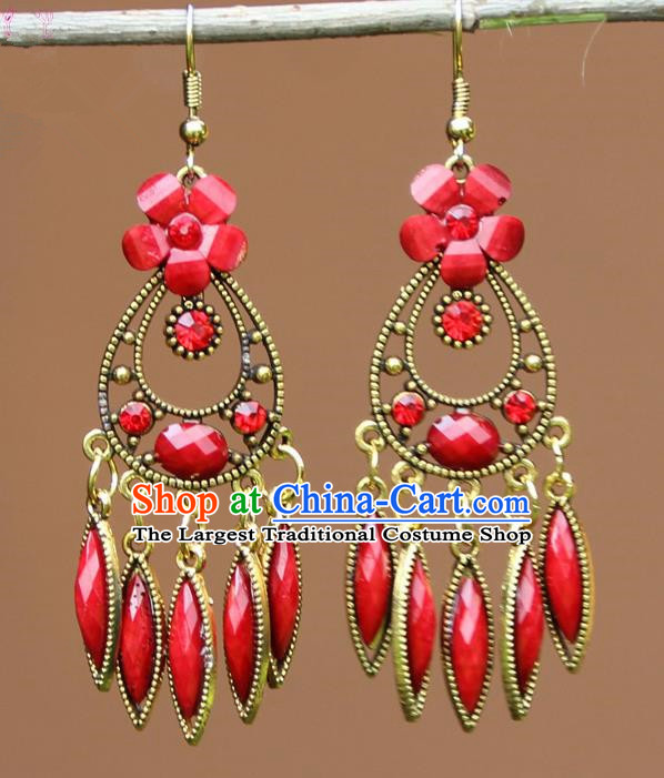 Chinese Traditional Red Flower Earrings Yunnan National Minority Ear Accessories for Women
