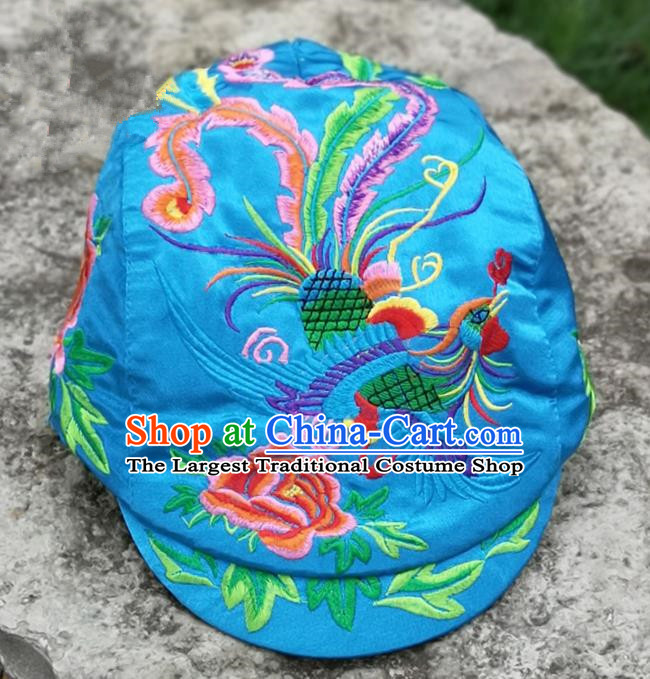 Chinese Traditional Embroidered Phoenix Peony Yunnan Dai Minority Blue Cap for Women