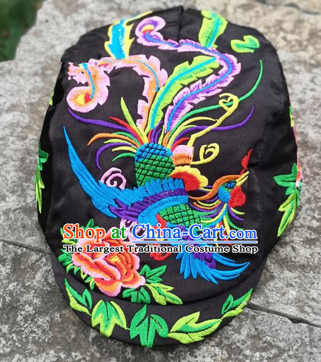 Chinese Traditional Embroidered Phoenix Peony Yunnan Dai Minority Black Cap for Women