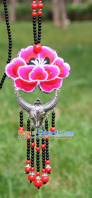 Chinese Traditional Accessories Yunnan Minority Embroidered Red Peony Sliver Ox Horn Necklace for Women