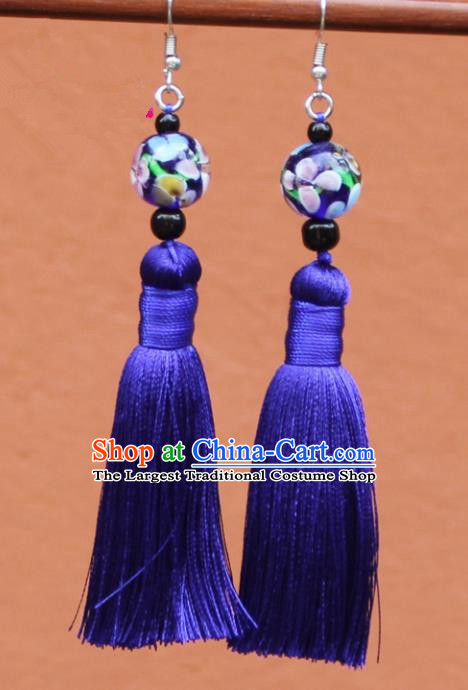 Chinese Traditional Purple Tassel Earrings Yunnan National Minority Colored Glaze Eardrop for Women