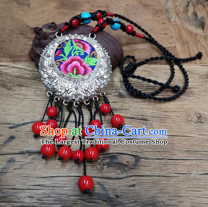 Chinese Traditional Jewelry Accessories Yunnan Minority Embroidered Pink Peony Necklace for Women