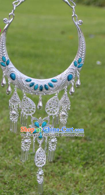 Chinese Traditional Ethnic Accessories Yunnan Miao Minority Blue Sliver Necklace for Women