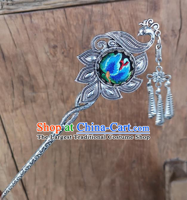 Chinese Traditional Ethnic Hair Accessories Ancient Blue Embroidered Peacock Hairpins for Women