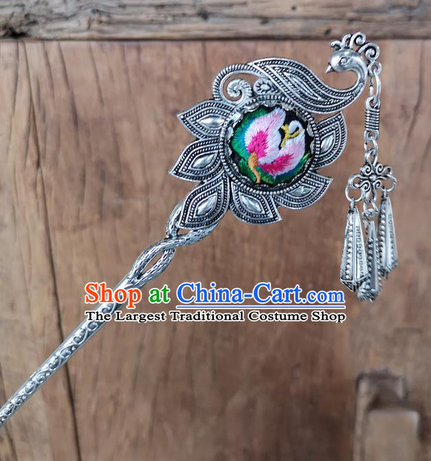 Chinese Traditional Ethnic Hair Accessories Ancient Pink Embroidered Peacock Hairpins for Women