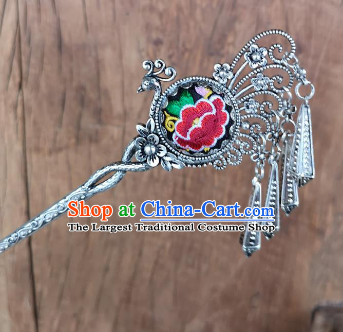 Chinese Traditional Ethnic Hair Accessories Ancient Embroidered Red Peony Peacock Hairpins for Women