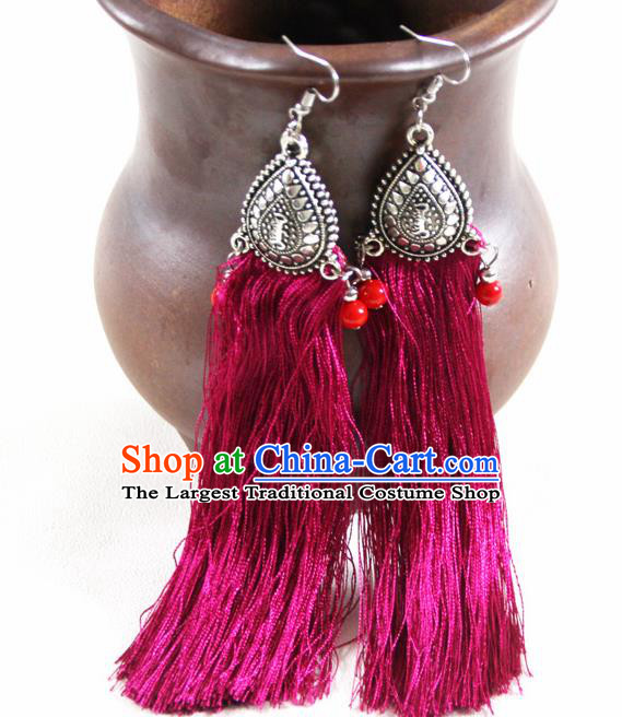 Chinese Traditional Ethnic Rosy Tassel Earrings Yunnan National Ear Accessories for Women