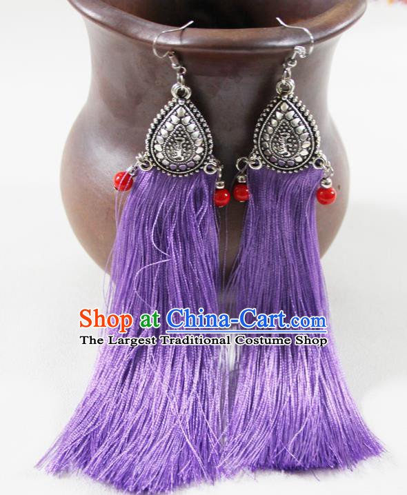 Chinese Traditional Ethnic Purple Tassel Earrings Yunnan National Ear Accessories for Women