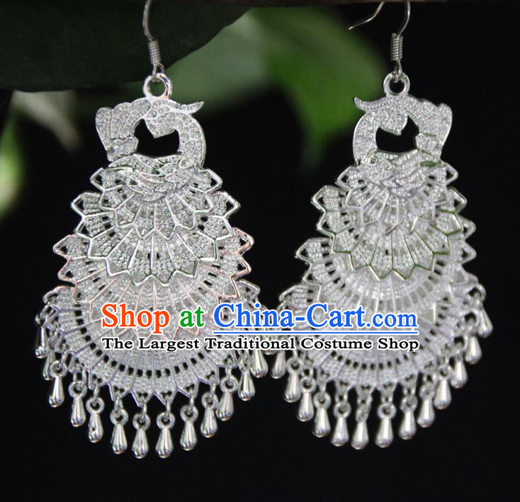 Chinese Traditional Ethnic Argent Peacock Earrings Yunnan National Ear Accessories for Women