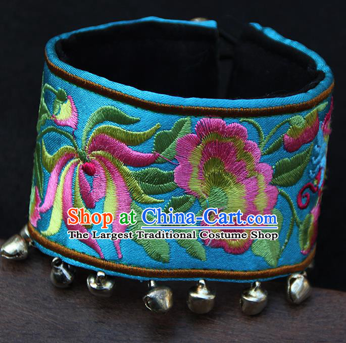 Chinese Traditional Ethnic Wrist Accessories Miao Nationality Embroidered Blue Bracelet for Women