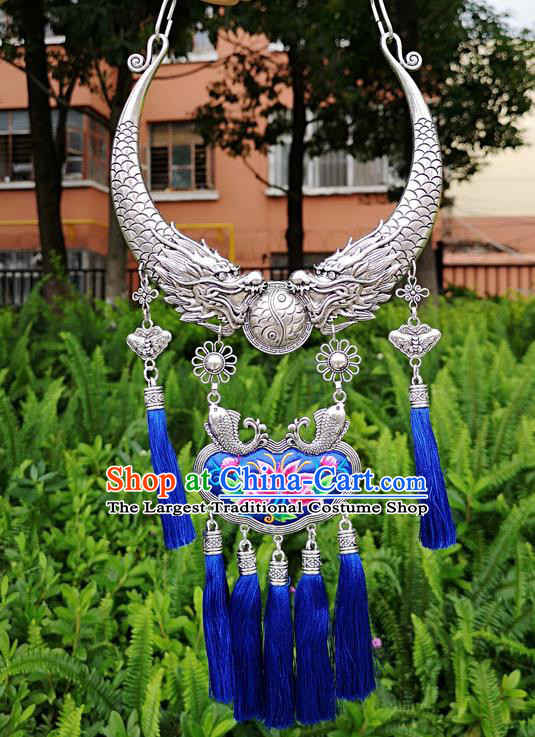 Chinese Traditional Minority Carving Dragons Embroidered Blue Necklace Ethnic Folk Dance Accessories for Women